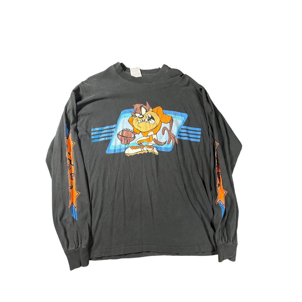 Vintage 90s Taz Long Sleeve Looney Tunes Football Graphic T-Shirt Black XL USA